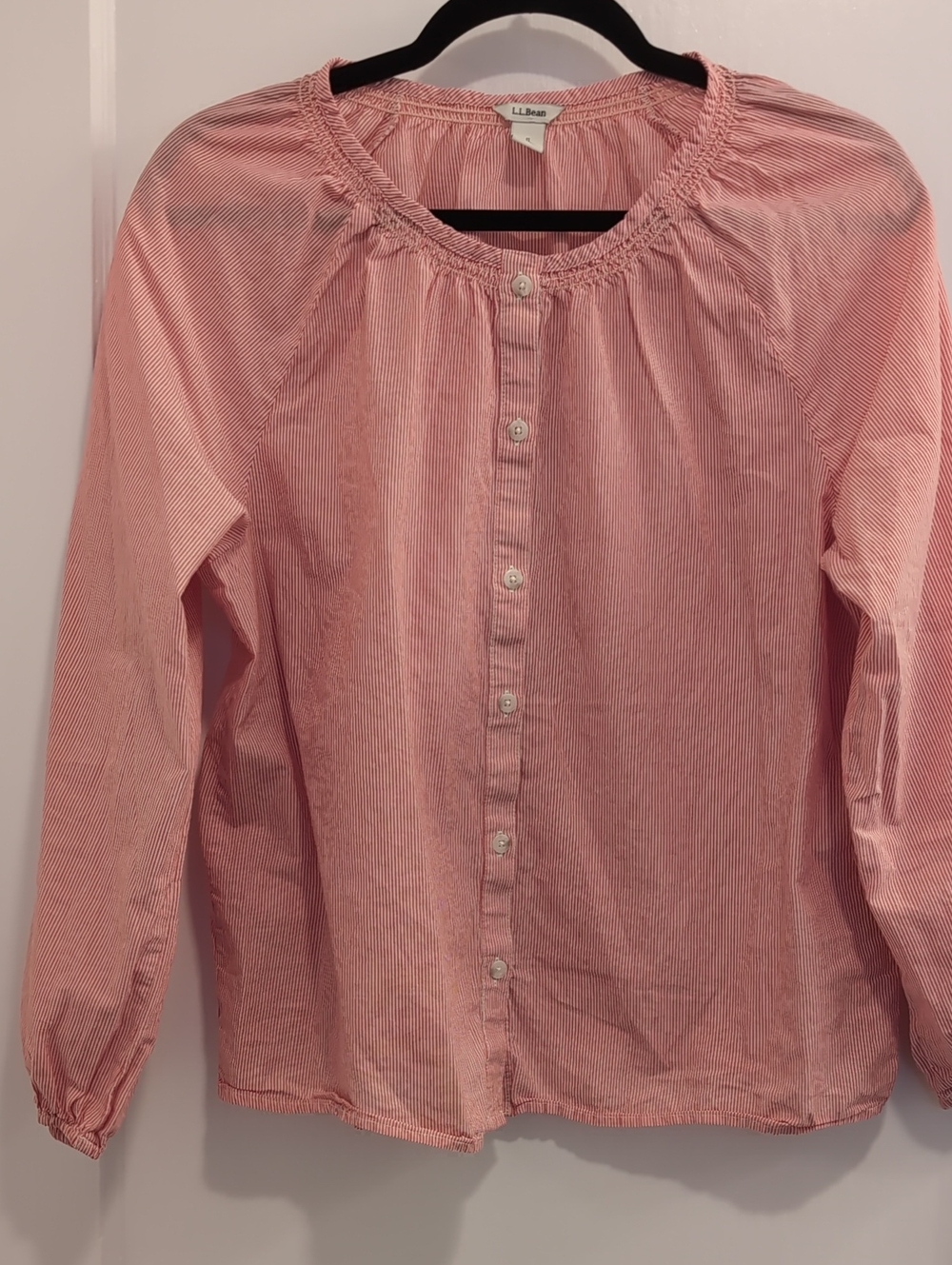 L.L. Bean Pink and White Striped Button-Up Peasant Top